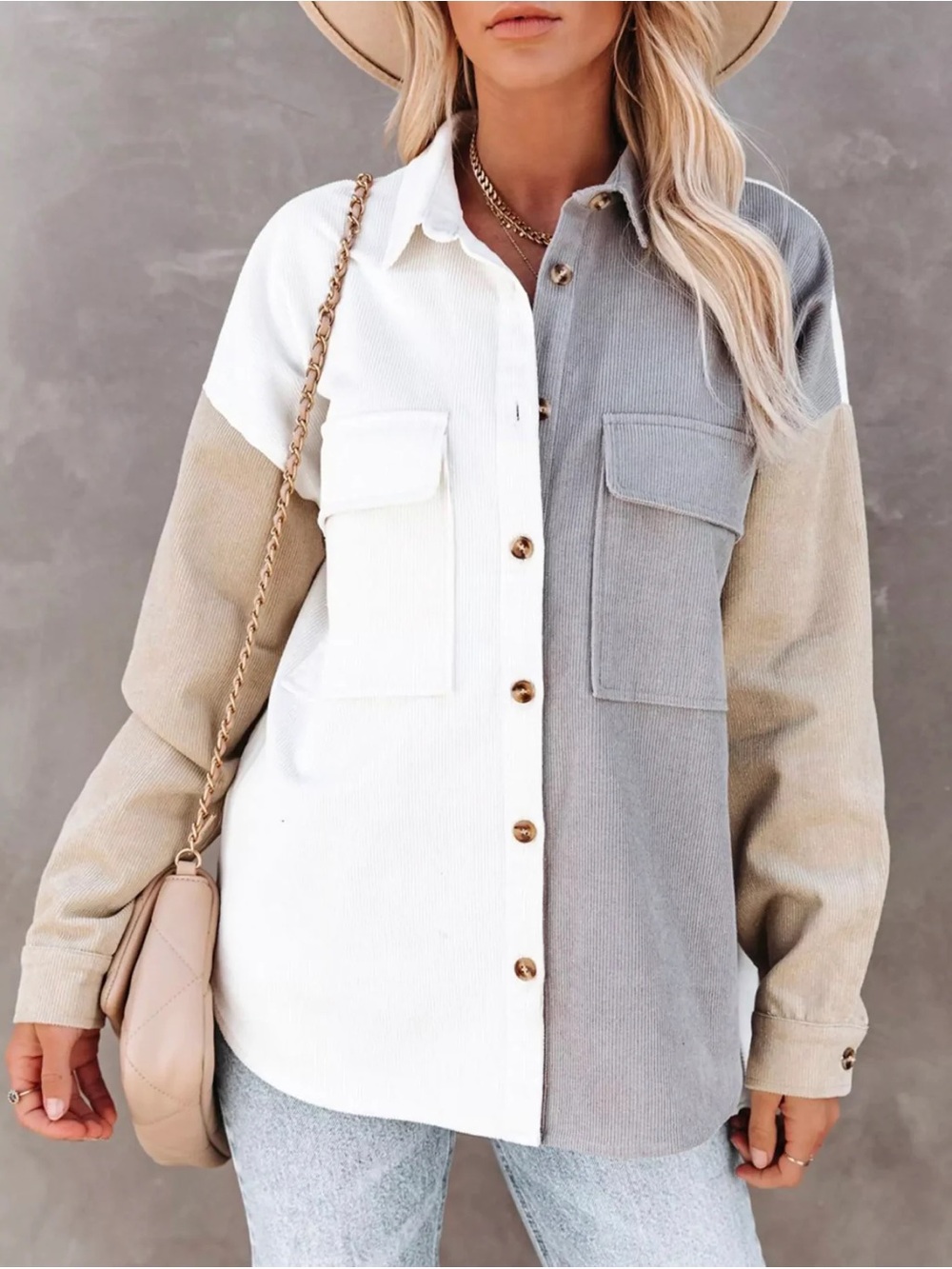 Color Block Shacket Corduroy Style Button-Front Shirt Jacket White Gray Tan